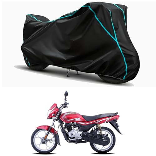 Image of Waterproof Bike Body Cover Compatible for | Bajaj Platina 100 ES Drum BS6 | Taffeta Fabric, Sky Piping Design, Bottom Elastic Fit | Dustproof, Sun UV & Rain Protection for All Weather.