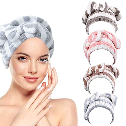 Evazen Hair Drying Towels Blue Microfiber Super Absorbent Bath Hair Turbans Sets Fast Drying Hair Caps with Buttons for Women and Girls (4 PCS)(Blue)