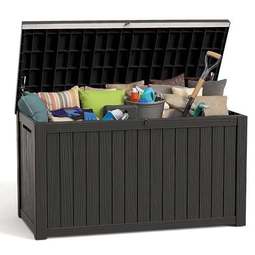 ROJIK Outdoor Storage Housing Deck Box - Waterproof Patio Furniture, Garden Tools, Cushions, Pool Accessories Storage Bench with Lockable Lid and Side Handles (Black, 200 Gal)