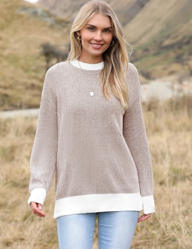 Image of Zeagoo Women 2026 Fall Lightweight Oversized Sweater Crew Neck Long Sleeve Color Block Pullover Rib Knit Blouse Tops XS-2XL