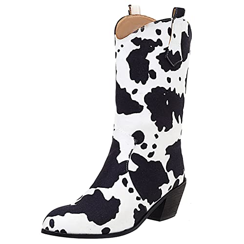Cozivwaiy Botas vaqueras de media pantorrilla para mujer, tacón grueso, botas occidentales con estampado de vaca, talla grande (EE. UU. 4-12.5), Negro/Azul, 8