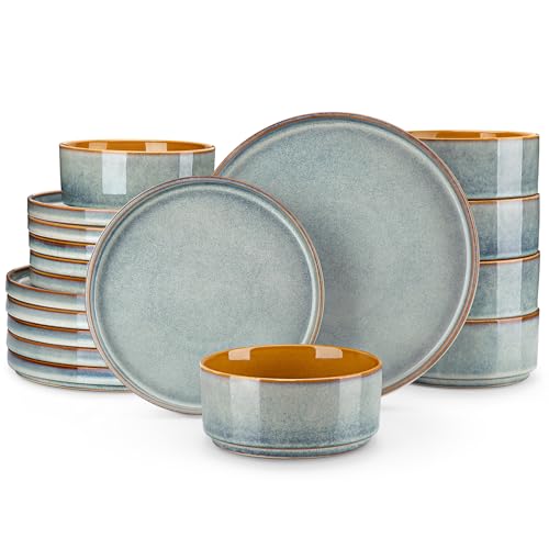 vancasso ONION Vajillas Completas 6 Personas, Vajilla Modernas 18 Piezas de Gres - 6 Platos Llanos, 6 Platos de Postre y 6 Cuencos - Esmaltado Reactivo Azul Claro, Apto para Microondas