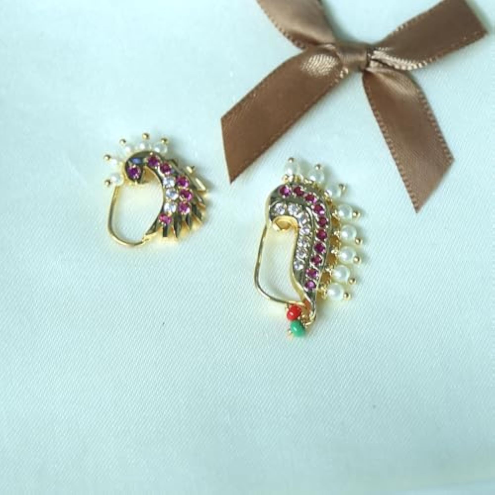 Delicate Golden Finishing Peacock Design Nath with Pearls