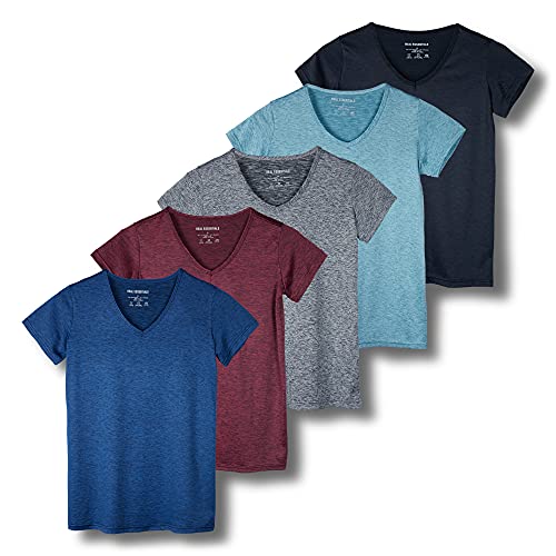 5 Pack: Womens V Neck T-Shirt Ladies Yoga Top Athletic Tees Active Wear Gym Workout Zumba Exercise Running Essentials Quick Dry Fit Dri Fit Moisture Wicking Basic Clothes - Set 8,L