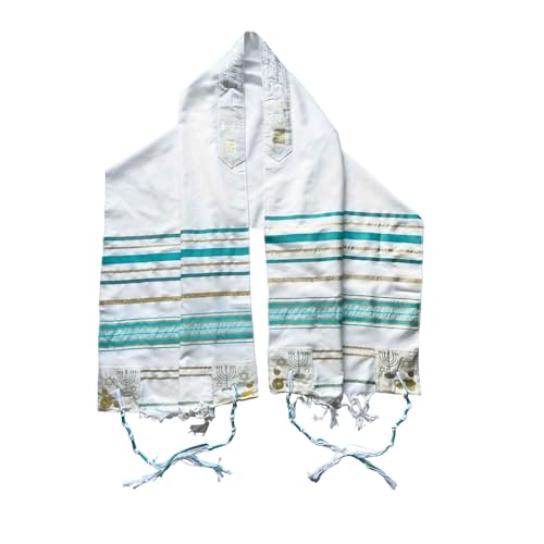 Jewish Tallit Prayer Shawl Scarf Teal, Silver & Gold Tzitzit w/Bag Pouch for Men Women Bar Mitzvah Gift Star of David Pomegranates and Menorah from Israel Christian 72 x 22"2