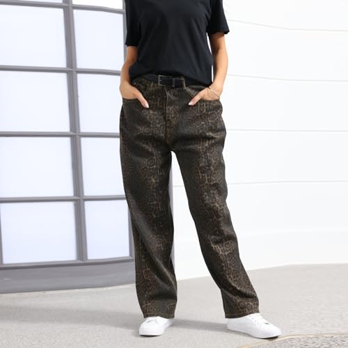 2024 Leopard Jeans for Women Trendy Y2k Straight Leg Cheetah Stretchy Grunge Denim High Waisted Wide Leg3