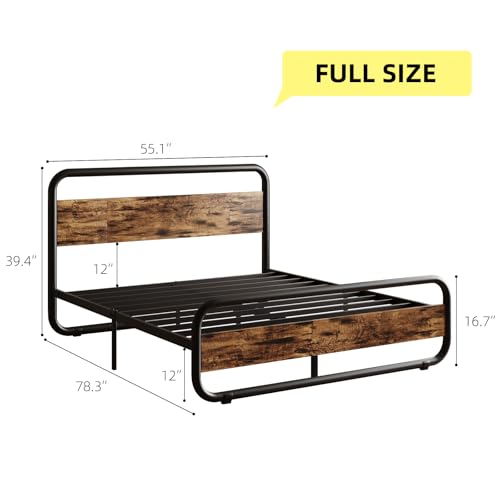 Image of Full Size Bed Frame, Wood Headboard and Footboard, LED Lights, Rustic Brown