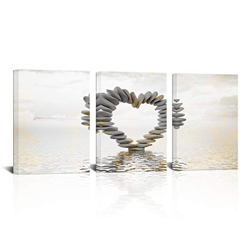 3 Piece Romantic Love Theme Bathroom Canvas Prints Beach Stone Heart Sharp Pictures Artwork Ocean Wall Art Paintings For Bedroom Wall Decorations Gift 12"X16"X3Pcs #TOP24