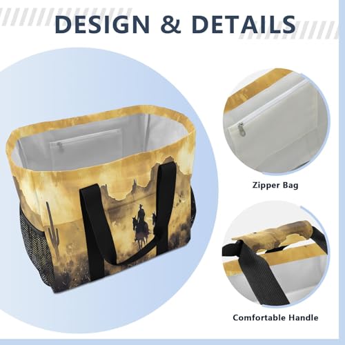 YETTASBIN Vintage Cowboy Large Foldable Travel Tote Bag, Lightweight Waterproof Swim Pool Bag with Handles & Pocket for Beach Outdoor, Reusable Grocery Bag for Kitchen, Shopping4