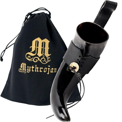 Mythrojan Viking Drinking Horn Medieval Drinking Horn with Black Leather Holder Canvas Bag 100% Natural for Cosplay LARP Medieval Events Drinking Beer Mead Ale - 400 ml/ 13.50 oz