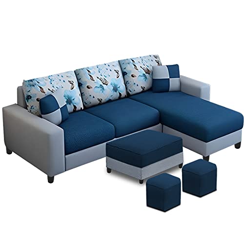 Image of Orland 4 Seater RHS L Shape Sofa with Center Table & 2 Puffy | Color - (Blue Grey Fabric)