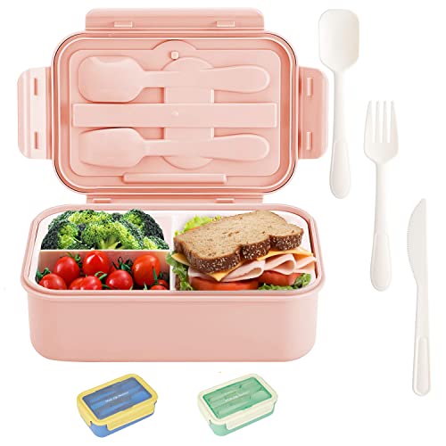 Hotec Bento Box para adultos, fiambrera para niños, 1100 ml, con tenedor y cuchara, cuchillo, 3 compartimentos, sin BPA y apto para alimentos, fiambrera Bento (rosa) Cover
