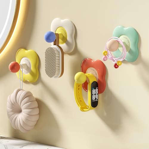 Image of House of Quirk No-Trace Vacuum Suction Cup Hooks, Heavy-Duty Flower Wall Hooks (4 Pack) - Removable & Reusable Hooks for Bathroom, Kitchen, Door Back, Shower (Multicolor)