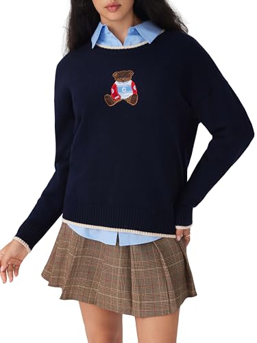 CIDER Women's Fall Sweaters Long Sleeve Cute Sweaters Bear Graphic Crewneck Soft Knit Casual Cropped Pullover4