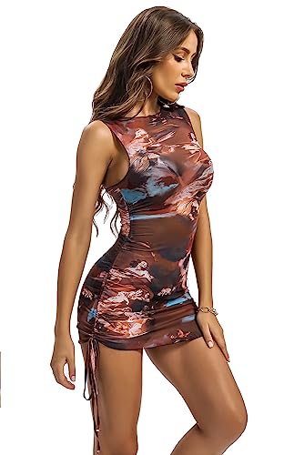 Image of ABMOIU Sexy Mini Print Mesh Dress for Women, See Through Sleeveless Stretchy Bodycon Short Summer Dresses