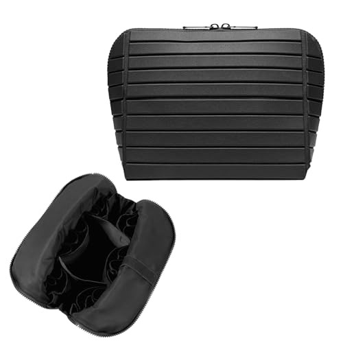 Travel Makeup Organizer Bag with Fold-Down Design and Adjustable Dividers 27 Pockets & 3 Brush Storage Holders Large Capacity Cosmetic Bags Toiletry Case- Black