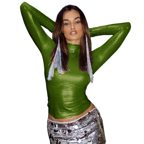 Image of Women's Shiny Metallic Short Sleeve T Shirt Sexy Mock Neck Slim Crop Top Party Disco Club Tees