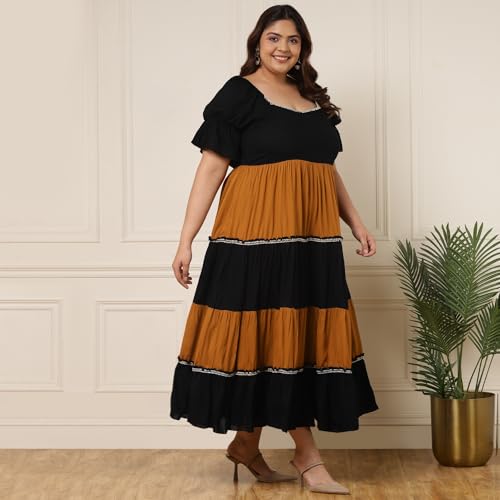 Image of DEEBACO Women's Solid Rayon Fit and Flare Midi Dress for Woman Festive Fancy|Casual Trending Stylish Long One Piece Dresses Women Western Short Sleeve (Multicolor)