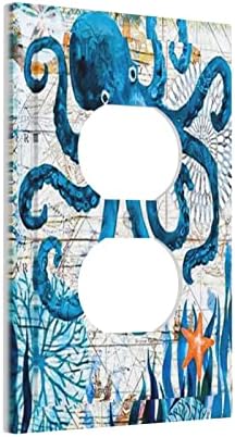 Funny Nautical Blue Sea Ocean Octopus Creature Themed 1-Gang Duplex Receptacle Wallplate Electrical Outlet Covers Mid Size Switch Plug Socket Cover Plate Kids Boys Bedroom Bathroom Decor
