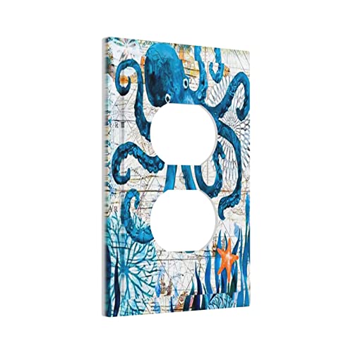 Funny Nautical Blue Sea Ocean Octopus Creature Themed 1-Gang Duplex Receptacle Wallplate Electrical Outlet Covers Mid Size Switch Plug Socket Cover Plate Kids Boys Bedroom Bathroom Decor #TOP23
