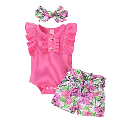Image of Tiny Cutey Baby Girl Clothes Infant Summer Outfits Set Ruffle Sleeve Romper and Floral Shorts with Headband