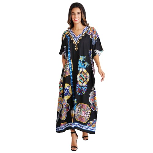 Image of Miss Lavish London Black Kaftan Dresses for Women V Neck Batwing Sleeve Beach Vacation Bikini Swimsuit Cover Ups, Ethnic Print Plus Size African & Dubai Caftan Maxi Dress with Side Slits-Black-S
