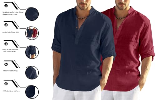 Image of FINIVO FASHION Men's Cotton Blend Solid Full Sleeve Combo Short Kurta Shirt, Regular Fit Solid Pattern Mandarin Collar Straight Kurta Shirt