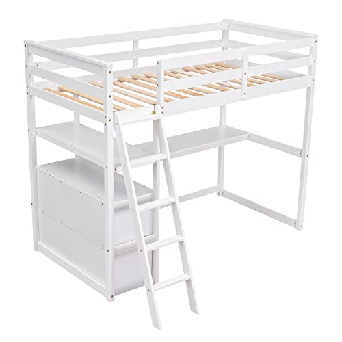 Biadnbz Twin Size Loft Bed With Desk And Shelves, Stylish Bedframe With Two Built-In Drawers For Kids Teens Bedroom,No Need Spring Box,White #TOP3