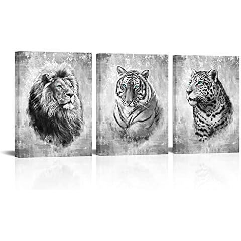 3 Panels Black and White Animals Pictures Canvas Art Decor for Bathroom Leopard Lion Tiger Head with Blue Eyes Paintings Prints Wildlife Artwork Framed Modern Home Office Decor Cover