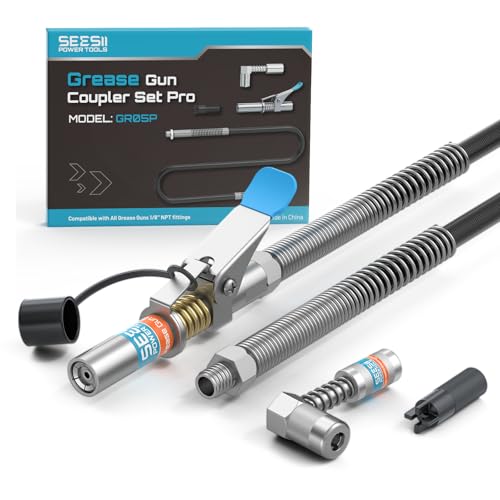 Seesii Grease Gun Accessory Kit Pro 12000 PSI Quick-Release Coupler 90 Degree Coupler Adapter 39.4 Dual-Spring Long Flex Hose Zerk Fitting Cleaning Tool Compatible with All Grease Guns GR05P