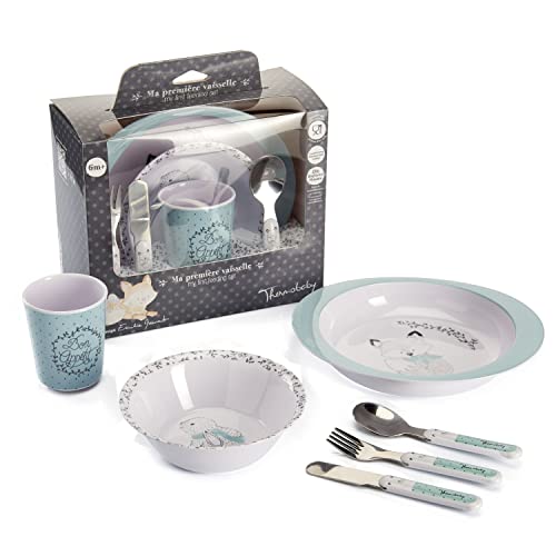 THERMOBABY Coffret Vaisselle Mélamine et Couverts Inox Enfant, Vert Céladon - Gris