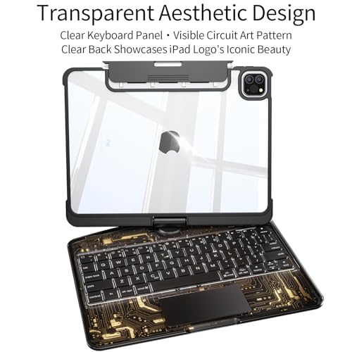 Image of Transparent Keyboard Case for iPad Pro 11 Inch (M5 2025 /M4 2024) with Multi-Touch Trackpad, 360 Rotating Stand, 7-Color 3-Level Backlit, Wireless Bluetooth, Pencil Holder,Black