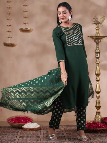 Image of ishin Women's Viscose Rayon Yoke Design Green Straight Kurta Suit Set with Trousers and Dupatta