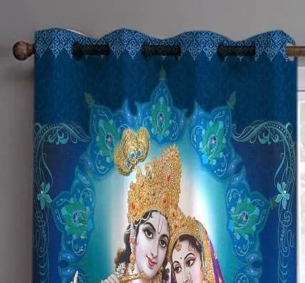 Image of Heavy Fabric Digital Printed Radha Krishna Parde for Mandir Pooja Room Temple Home, 4x9 feet Long Curtains Set of 1 Pc, Blue