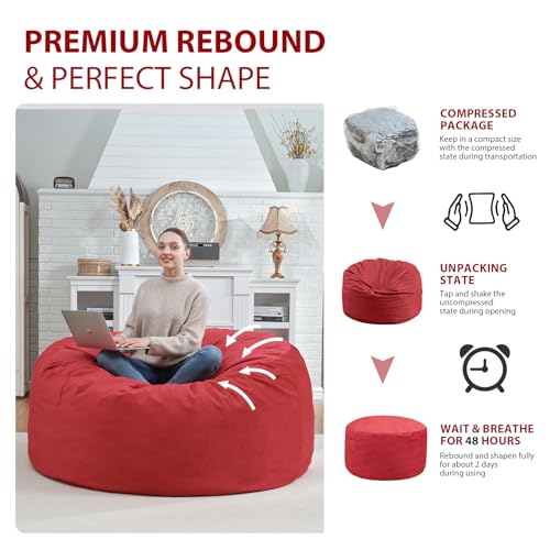 4FT Bean Bag Chair, Large Bean Bag Chairs with Memory Foam Filled, Fluffy Beanbag Sofa with Dutch Velvet Cover, Round BeanBag Chairs for Living Room, Playroom - Red