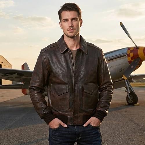 Image of Mens G-1 Fur Collar US Navy Flight Distressed Brown Aviator Genuine Leather Jacket