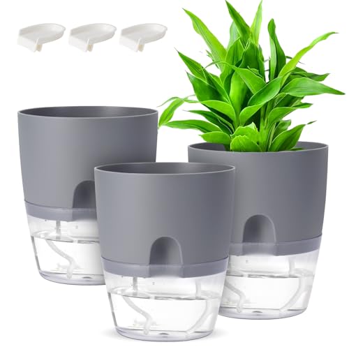 GuKKK 3 Packs Blumentopf Selbstbewässernd Kräutertopf Küche Set, 15.3cm Pflanzentopf mit Bewässerungssystem, Übertopf mit Untersetzer, Blumentöpfe Set Ideal für Innen und Balkongärten (Grau)