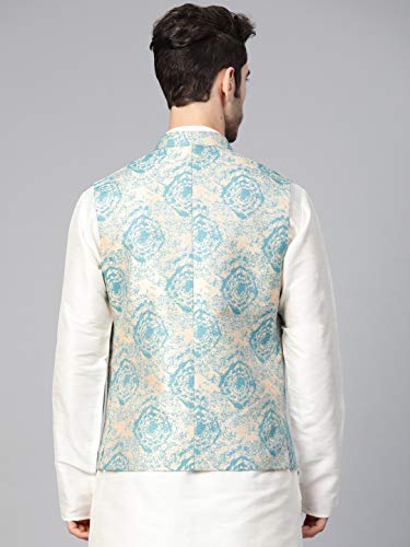 Image of MANQ Men Sea Green & beige Woven Jaquard Silk Nehru Jacket (Size:42)