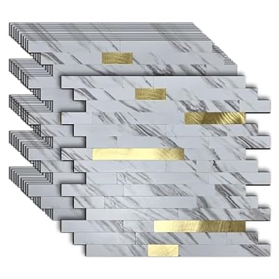 sanyeskkiy 10-Sheet Peel and Stick Backsplash Tile, PVC Mixed Meta,l Stick on Kitchen, Bathroom Vanities, Fireplace Décor, Laundry Table(11.2" X 12.7") (10, White Marble + Golden)