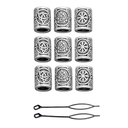 Yuwnd 9 Haarperlen Und 2 Einfädelhilfen Wikinger-Kultur Bartperlen Männer Vintage Bartperlen Zum Klipsen Und Wikinger-Haaraccessoires Für Männer Frauen Zöpfe Und Dreadlocks