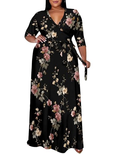Image of SUZONANA Plus Size Maxi Dresses for Curcy Women Casual Loose 3 /4 Sleeve Long Dress with Belt