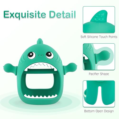 Image of Cute Shark Teething Mitten Toy for Babies, Never Drop Silicone Baby Teether, Hand Pacifier for Babies to Suck and Chew (Green)
