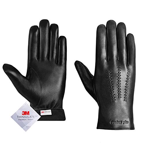 Leather Gloves for Men, Winter Warm Touchscreen Driving Gloves with 3M Thinsulate Lined, Genuine Sheepskin Motorcycle Leather Gloves for Gift (Black)