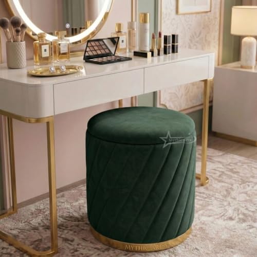 Image of Mythic ArtsRound Upholstered Sitting Stool & Footrest Velvet Storage Ottoman Pouffe13 X 13X 16 inch | Versatile Puffy for Living Room, Bedroom, and Office ? Chic Home Furnishings & Dcor Dark Green