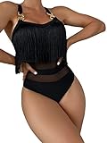 WDIRARA Women's Fringe Trim One Piece Swimsuit Mesh Chain Strap Monikini Bathing Suits Black M