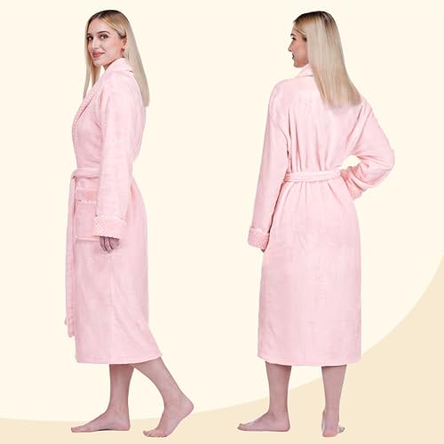 Image of PAVILIA Women's Plush Fleece Robe, Soft Cozy Long Bathrobe with Satin Waffle Trim, Warm Lightweight, Pockets & Tie Belt