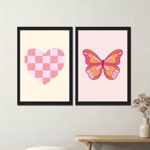 Image of NoWorries Cute Heart & Butterfly Wall Painting with Frame Pink Check Heart and Colorful Butterfly Premium Artwork, Aesthetic Wall Decor for Kids Room, Bedroom, Living Room, Office (Art-10, 25x37inch)