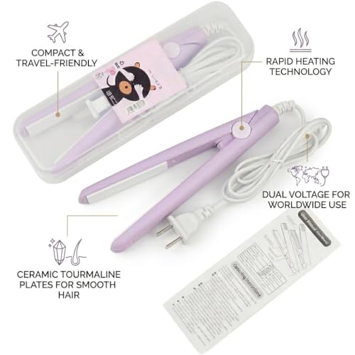 Image of Mini Hair Straightener for Women & Teens, Portable Ceramic Flat Iron with Quick Heat Technology - Compact Lightweight Hair Styling Tool for Short Hair, Bangs & Travel Use, Lavender Color with Storage Case