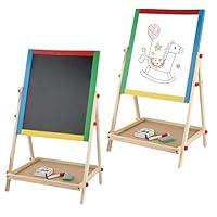 ADEPTNA 2-in-1 Wooden Art Easel Board for Kids – Double-Sided Height Adjustable Whiteboard & Blackboard – Drawing Easel for Toddlers, Children & Adults with 5 Chalks, Marker & Sponge – Sturdy Wood Fra