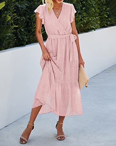 Image of BTFBM Women Summer Bohemian Floral Casual Wrap V Neck Ruffle Cap Sleeveless Belt A-Line Pleated Hem Midi Sun Dress White